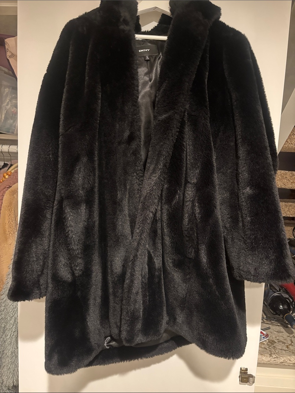 DKNY Black Faux Fur Cape Coat